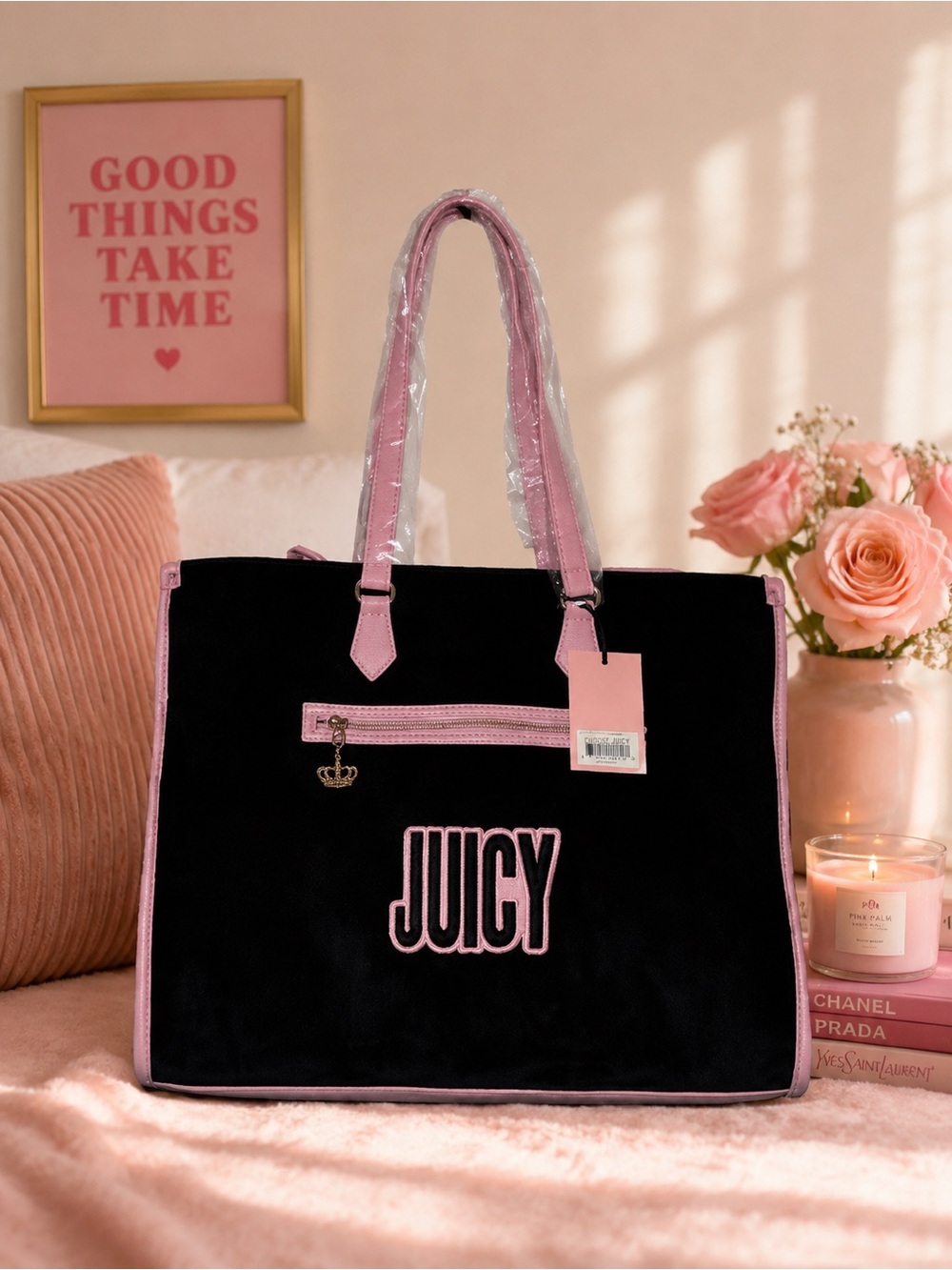 Juicy Couture Black Tote with Pink Trim and Logo